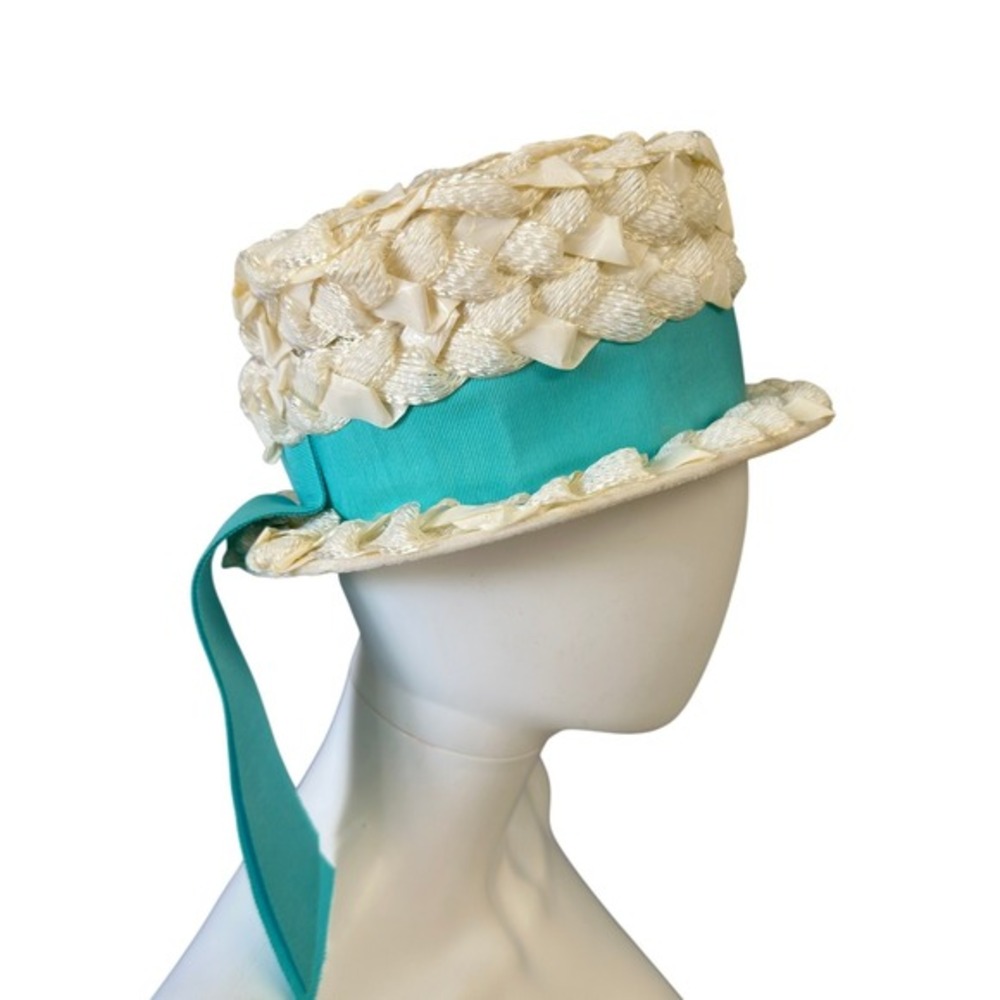 Vintage 1960s Woven Straw Cream‎ Brimmed Hat Turquoise Blue Ribbon JS